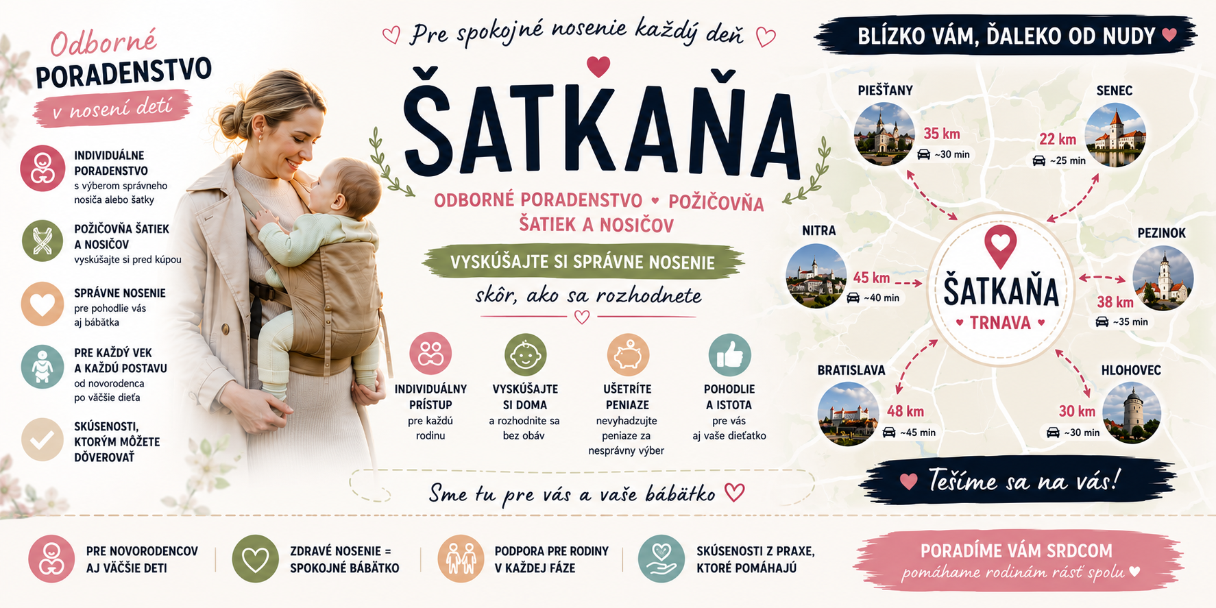 V ŠATKAŇI v Trnave vám pomôžeme vybrať správny nosič alebo šatku, ktoré si môžete pred kúpou aj požičať. Rodiny k nám prichádzajú z Trnavy, Senca, Piešťan, Nitry, Pezinka, Bratislavy aj Hlohovca.